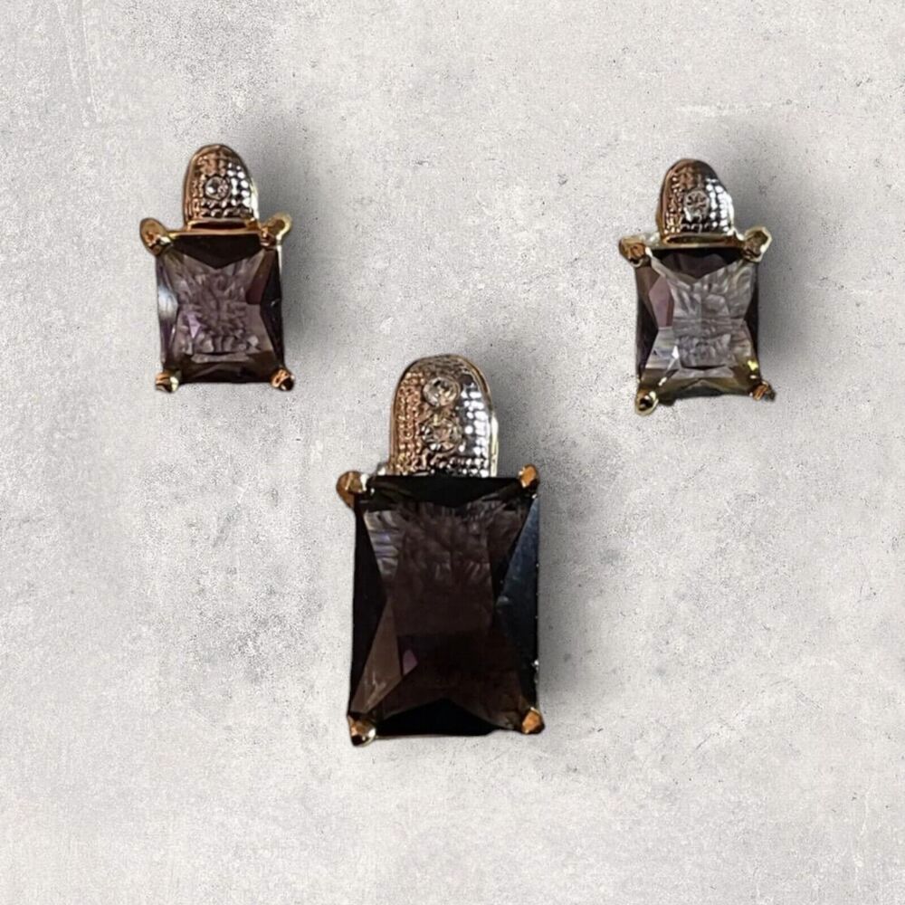 Purple Stone Pierced Earrings and Pendant Gold Tone